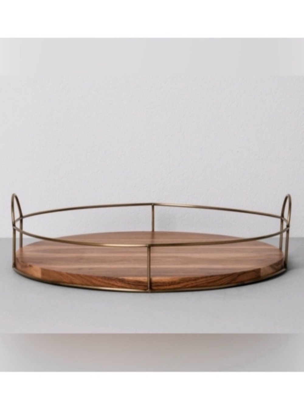 Hearth & Hand Round Wood Serving Tray with Brass Metal Rim